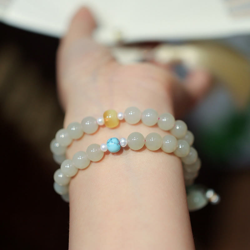 925 Sterling Silver Hetian Jade Double Peace Buckle Lotus Luck Double Wrap Bracelet
