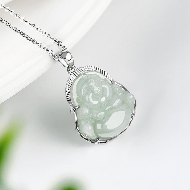 925 Sterling Silver Laughing Buddha Jade Luck Calm Necklace Chain Pendant