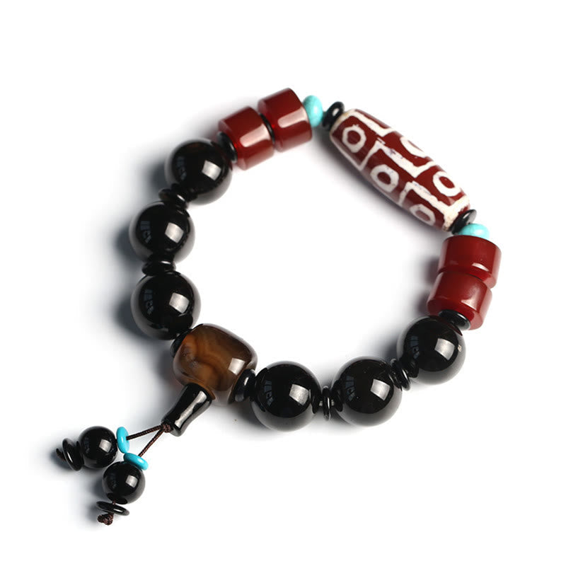 Tibetan Nine-Eye Dzi Bead and Polished Black Onyx Natural Stone Bracelet