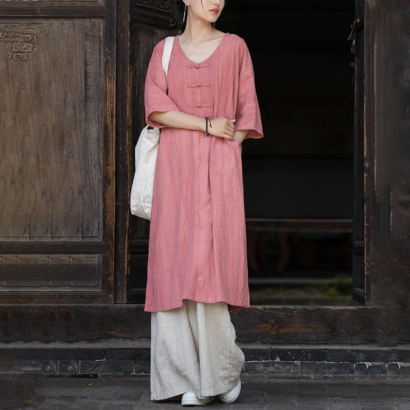 Ramie Linen Tie-Dye Frog-Button Meditation Midi Dress & Wide-Leg Pants Set