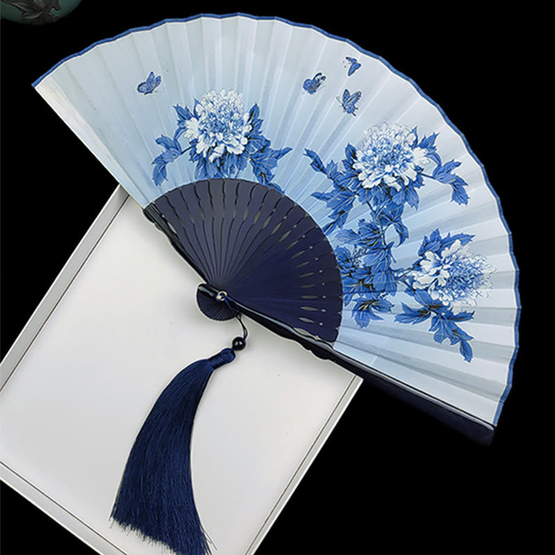 Vintage Bamboo Peony Butterfly Lotus Handheld Silk Folding Fan With Bamboo Frames