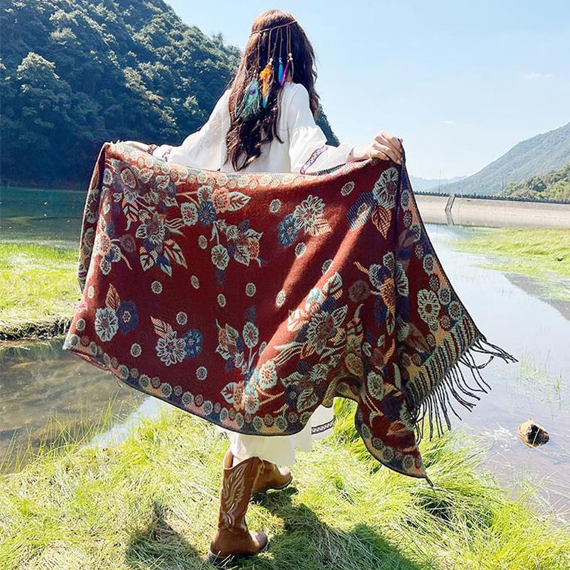 Tibetan Flower Floral Leaves Pattern Design Shawl Cozy Travel Scarf Wrap