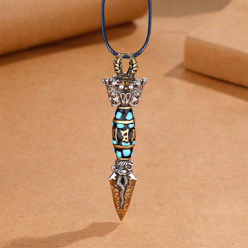 Tibet Om Mani Padme Hum Dzi Bead Dorje Vajra Pattern Wealth Rotatable Necklace Pendant