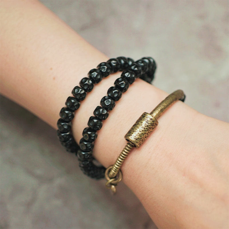 Retro Coconut Shell with Brass and Copper Accents Triple Wrap Bracelet