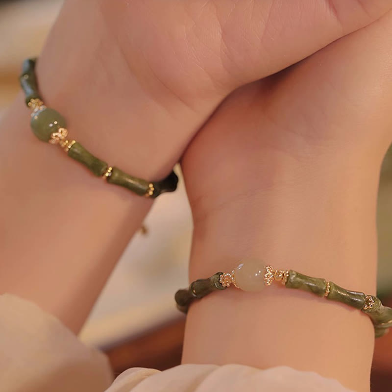 14K Copper Plated Peridot Hetian Jade Bamboo Pattern Luck Bracelet
