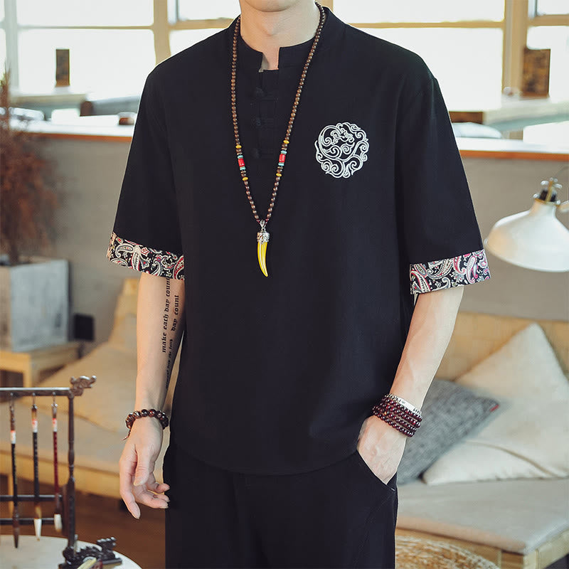 Frog-Button Dragon Embroidery Chinese Tang Suit Short Sleeve Shirt Linen Men Clothing