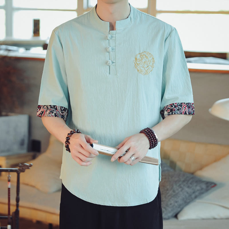 Frog-Button Dragon Embroidery Chinese Tang Suit Short Sleeve Shirt Linen Men Clothing