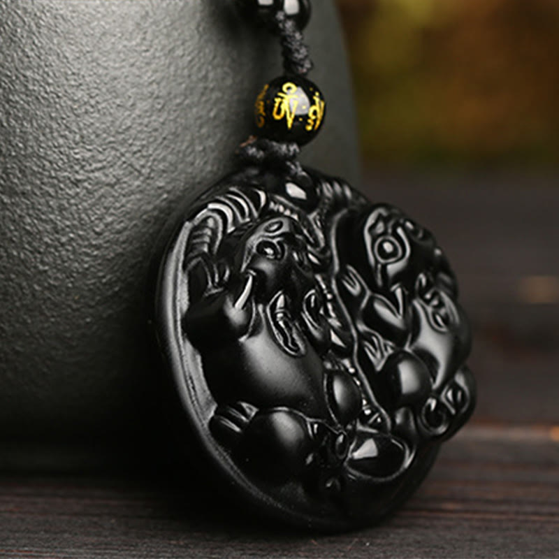 Black Obsidian Double Pixiu Bead Rope Purification Necklace Pendant