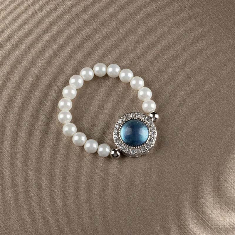 925 Sterling Silver Pearl Blue Chalcedony Healing Chain Bracelet Ring