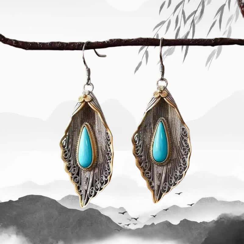 Bodhi Leaf Pattern 925 Sterling Silver Turquoise Dangle Drop Earrings