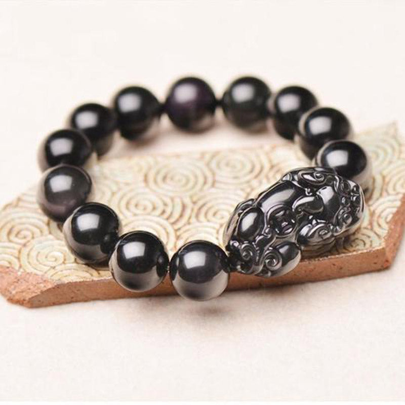 Black Obsidian Beaded Bracelet with Pixiu Symbol