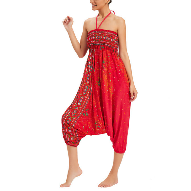 Two Style Wear Peacock Feather Loose Smocked Harem Trousers Jumpsuit High Waist Pants