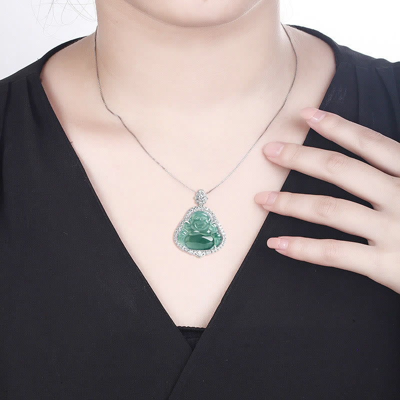 925 Sterling Silver Laughing Buddha Natural Jade Luck Abundance Chain Necklace Pendant