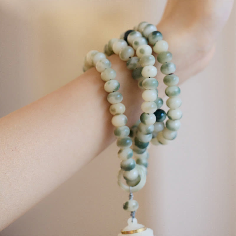 Natural 108 Mala Beads Bodhi Seed Lotus Engraved Wisdom Tassel Bracelet