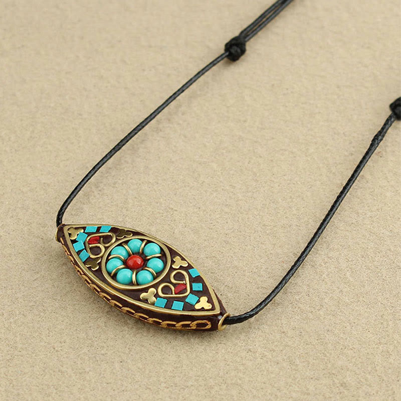Tibet Turquoise Bead Marquise Pattern Protection Strength Necklace Pendant