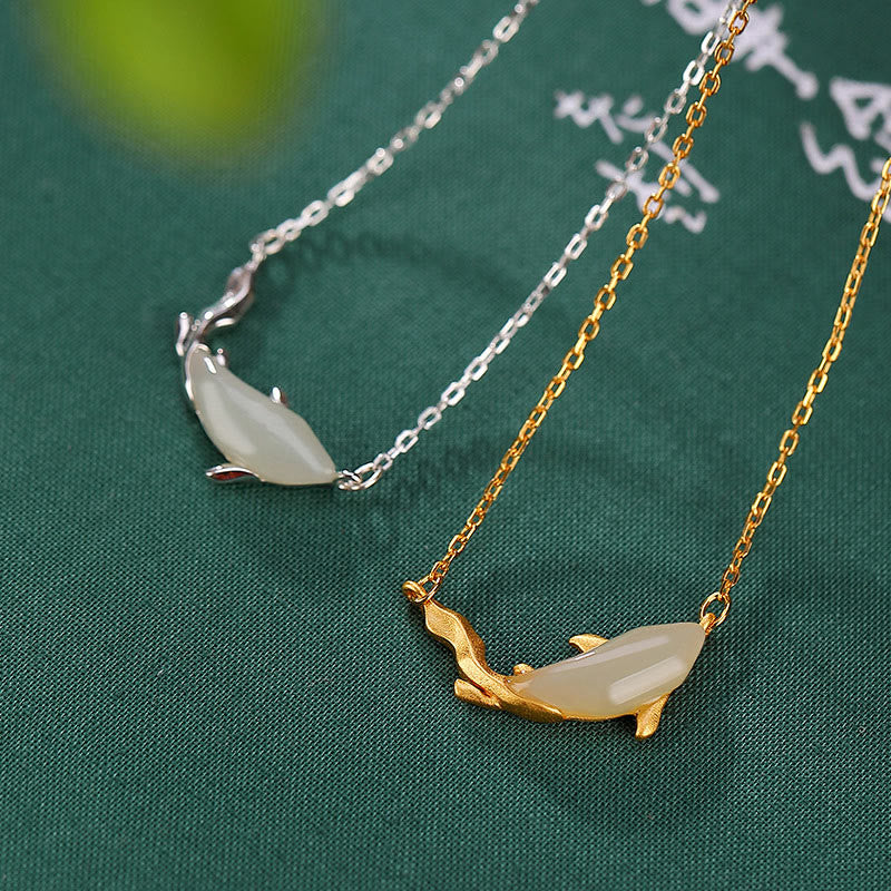 925 Sterling Silver White Jade Dolphin Luck Necklace Pendant