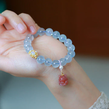 Natural Aquamarine and Red Agate Beaded Bracelet with Sterling Silver, Gold, and Pearl