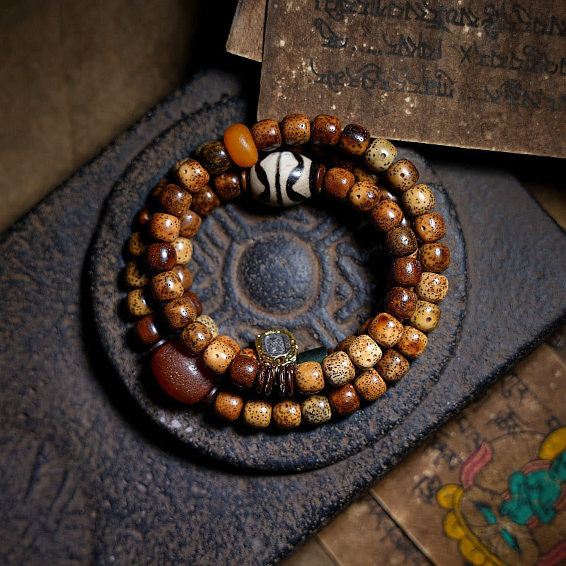 Tibetan Bodhi Seed Amber Dzi Bead Agate Zakiram Goddess of Wealth Beads Triple Wrap Bracelet
