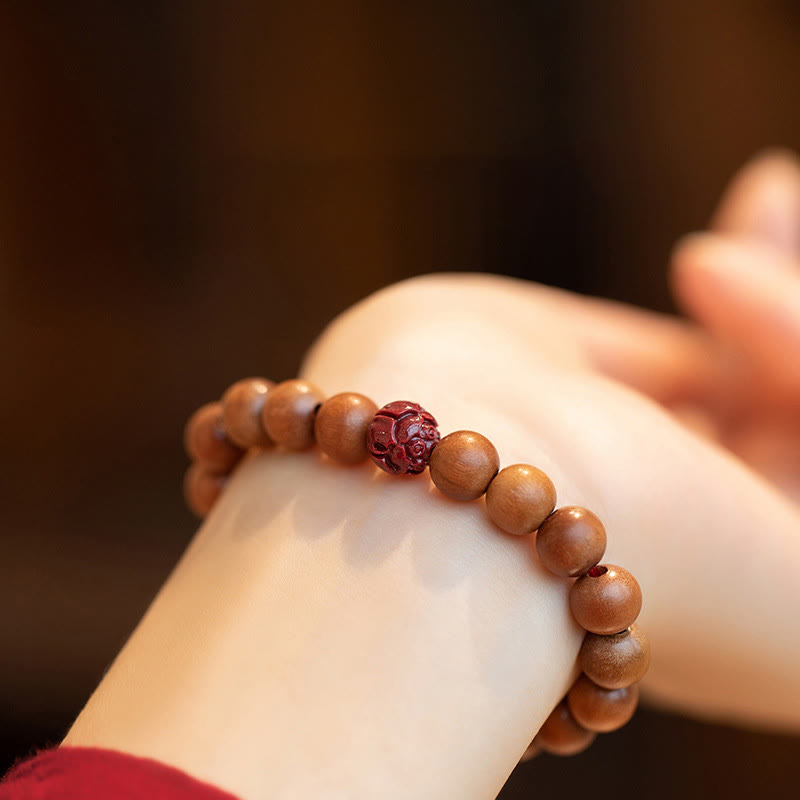 Peach Wood Lotus Cinnabar Luck Wealth Bracelet
