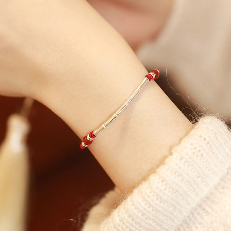 Sterling Silver Bamboo & Agate Bead Braided Red String Bracelet