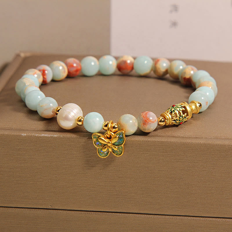 Shoushan Stone and Pearl Beaded Butterfly Charm Bracelet