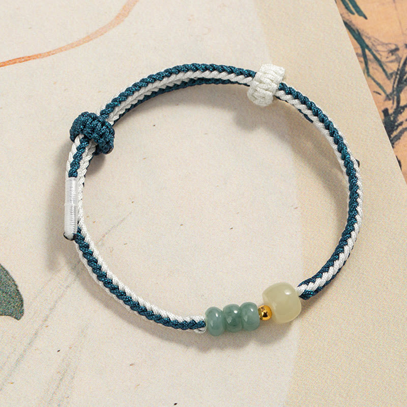 925 Sterling Silver Hetian Jade Bead Abundance Braided Rope Bracelet