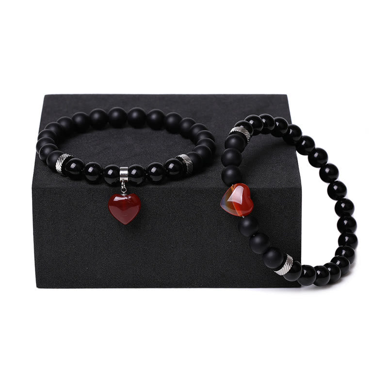 2Pcs Black Onyx Crystal Stone Love Heart Protection Support Couple Bracelet