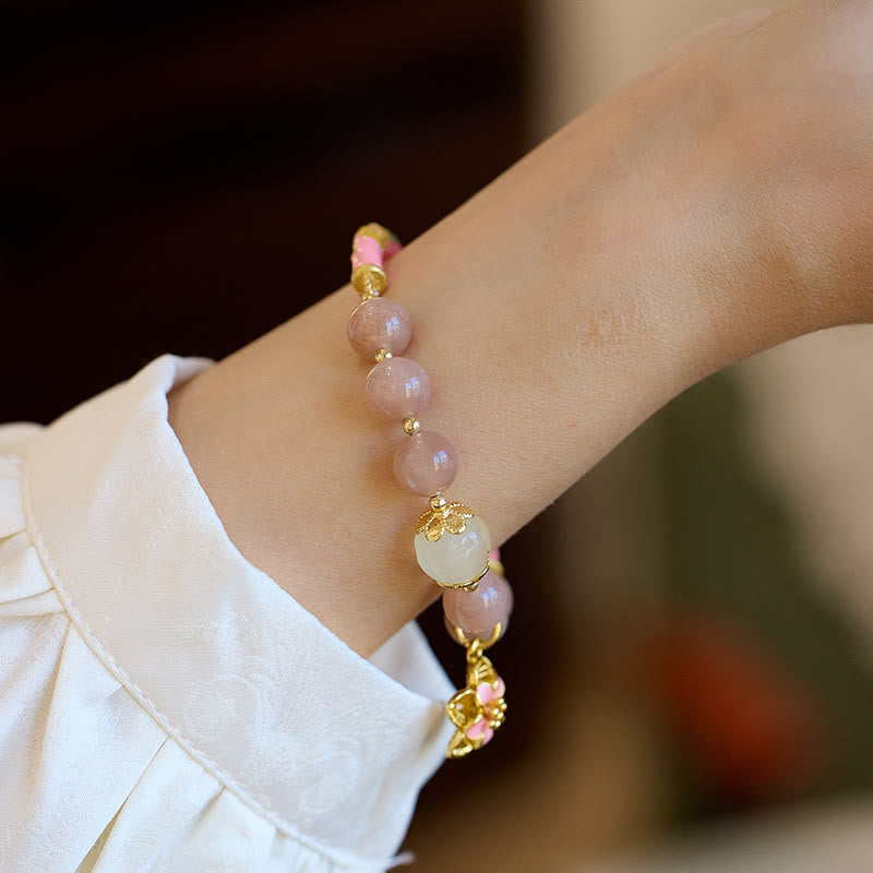 Natural Sun Stone Golden Silk Jade Flower Charm Wealth Bracelet Bangle