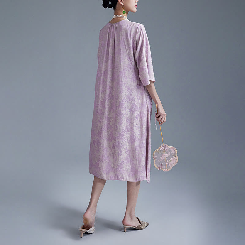 Small Flower Leaf Jacquard Chinese Cheongsam Qipao Midi Dress With Pockets