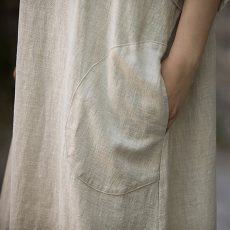 Solid Color V-Neck Half Sleeve Ramie Linen Midi Dress With Pockets