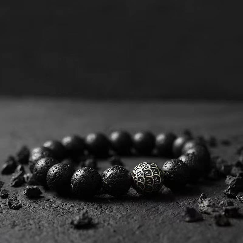 Textured Copper Fish Scale and Volcanic Lava Stone Beaded Bracelet