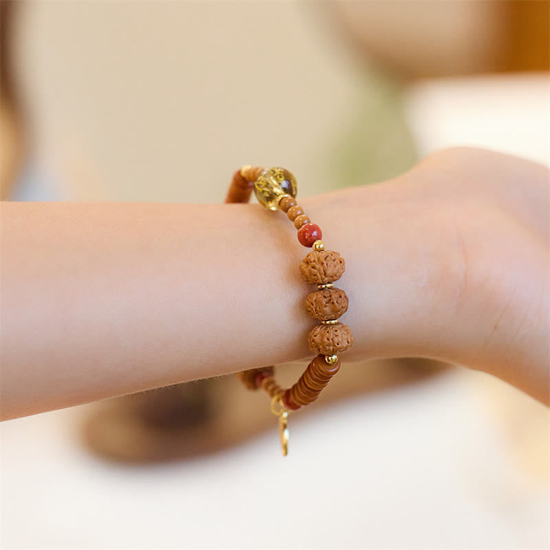Tibetan Bodhi Seed Om Mani Fu Gold Copper Gemstone Bracelet with Red Agate & Olive Wood