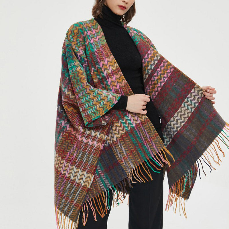 Tibetan Shawl Colorful Wavy Line Tassels Winter Cozy Travel Scarf Wrap