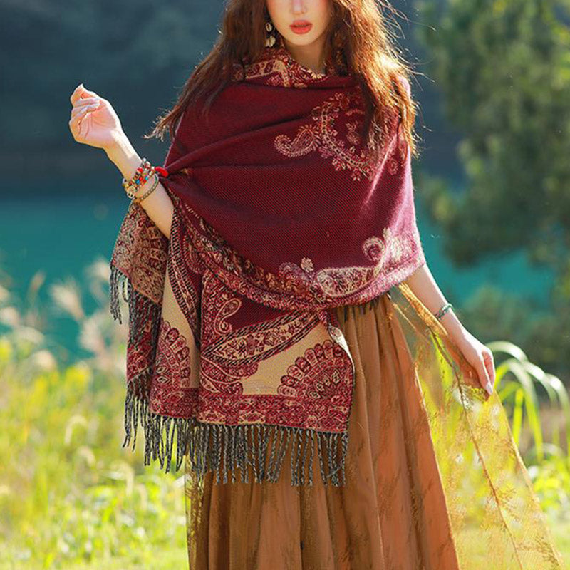 Tibetan Vine Leaves Pattern Design Shawl Cozy Travel Scarf Wrap