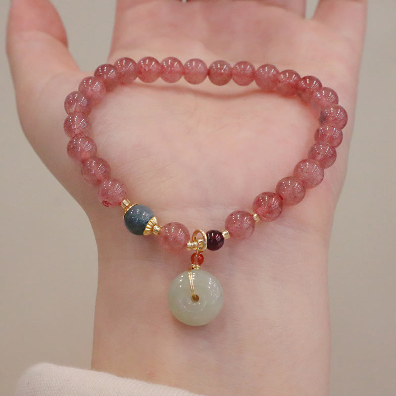 Natural Hetian Jade & Strawberry Quartz Beaded Bracelet with Clear Quartz