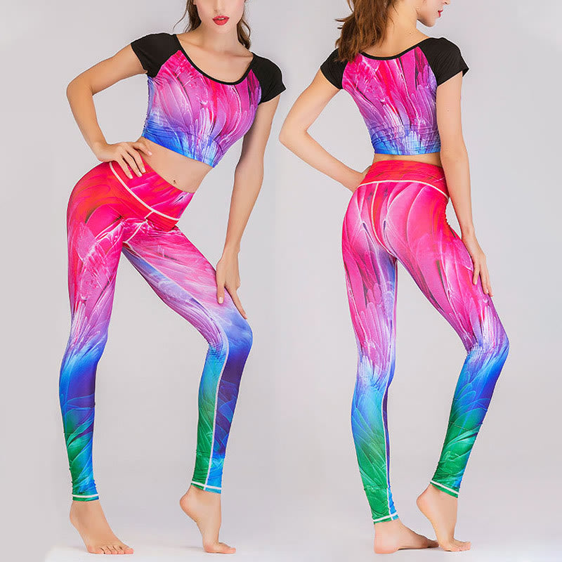 2Pcs Undersea World Mysterious Girl Gradient Color Print Top Pants Sports Fitness Yoga Women's Yoga Sets