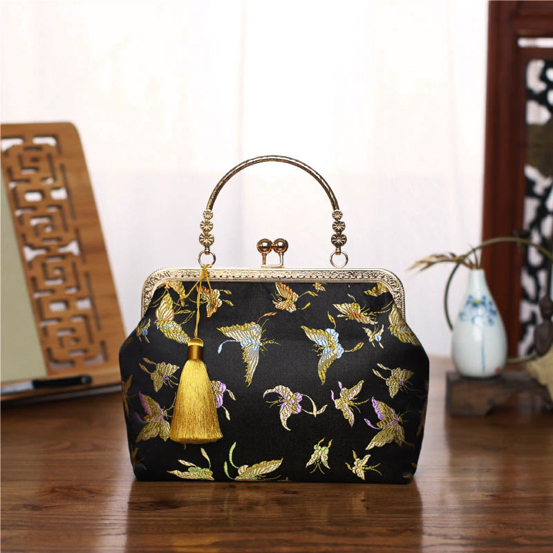 Vintage Flower Butterfly Crane Sea Waves Metal Chain Crossbody Bag Shoulder Bag Handbag