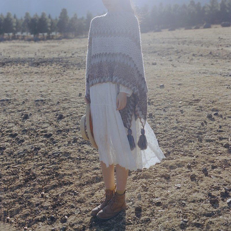 Tibetan Shawl Gray Brown Striped Knitted Tassels Winter Cozy Travel Scarf Wrap