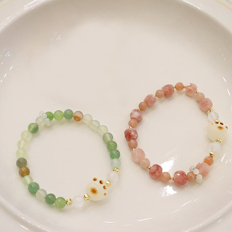 Natural Bodhi Seed and Cat's Eye Beaded Bracelet with Green Agate or Sunstone Cat Paw