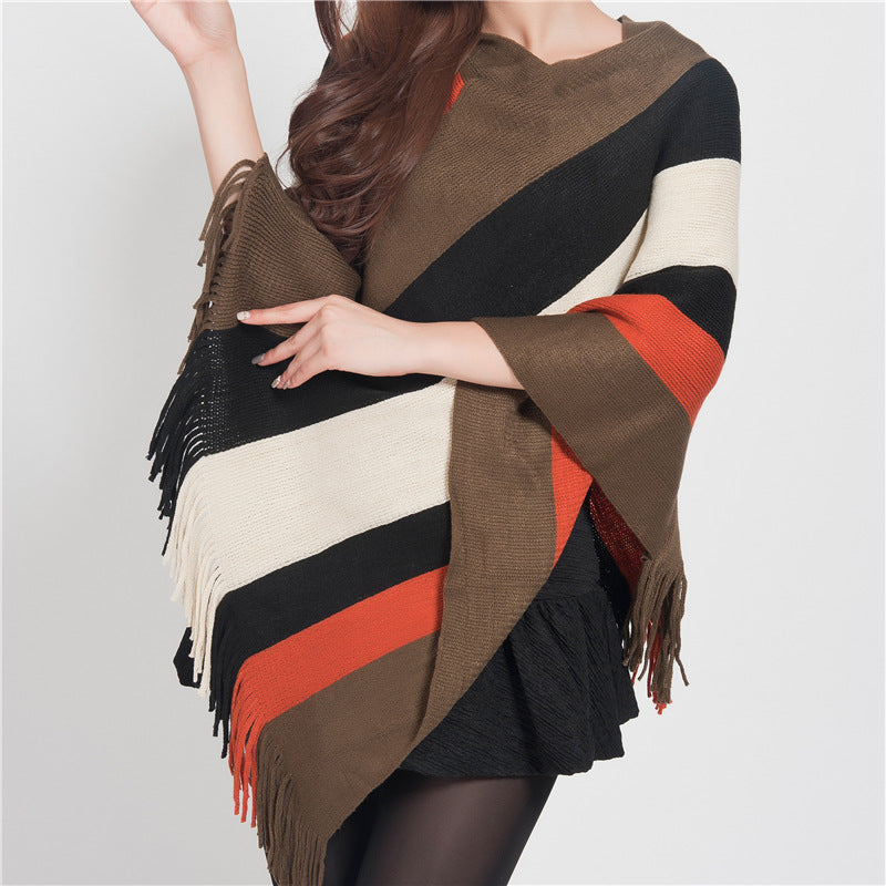Knitted Striped Tassel Pullover Meditation Shawl Wrap