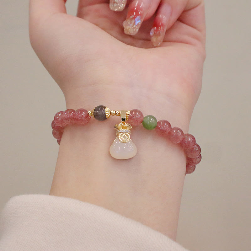 Natural Hetian Jade & Strawberry Quartz Beaded Bracelet with Clear Quartz