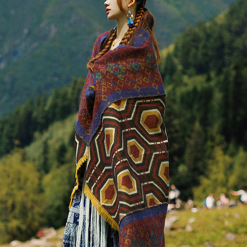 Tibetan Shawl Brown Blue Red Geometric Shapes Pattern Winter Cozy Travel Scarf Wrap