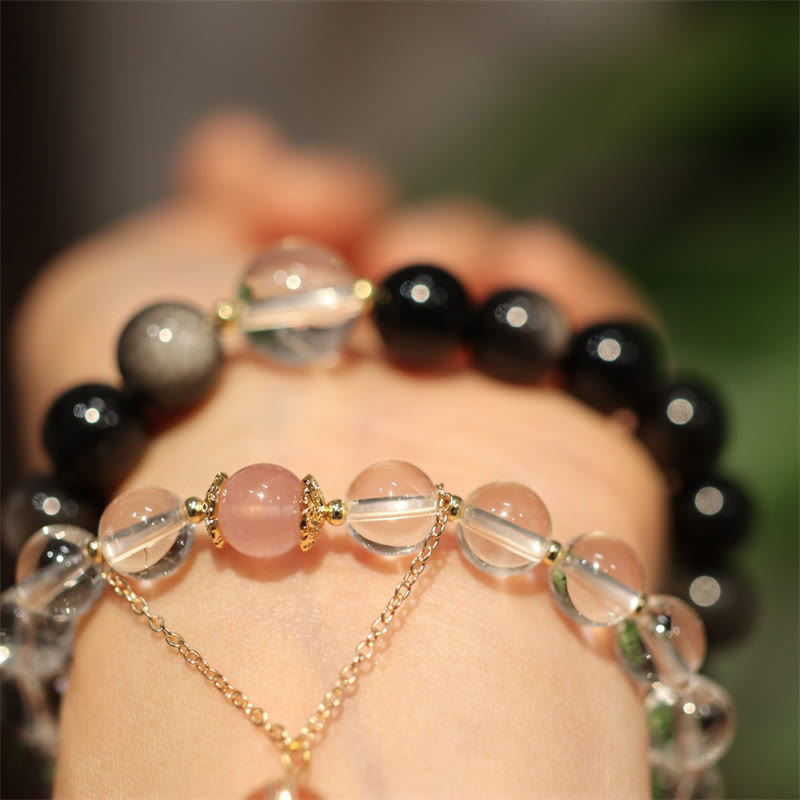 Yin Yang Couple Natural Crystal Bracelet with Silver Sheen Obsidian, Rose Quartz & Gold Accents