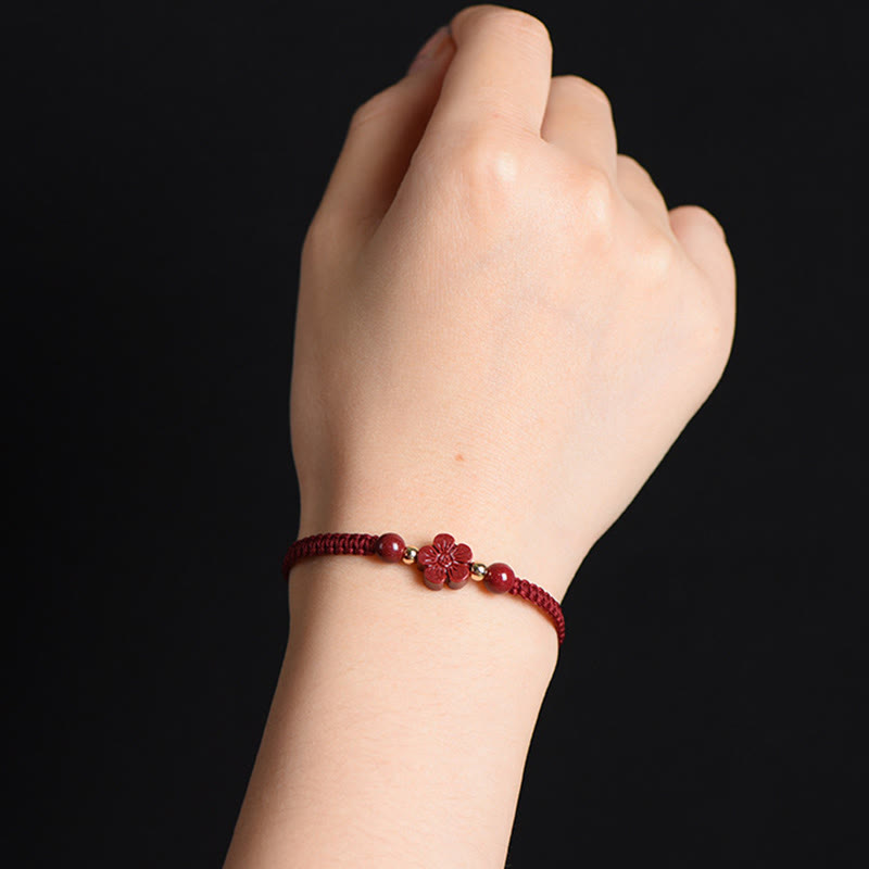 Hand-Woven Red String Cinnabar Clover and Flower Charm Bracelet