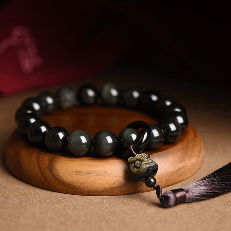 Natural Black Obsidian Lion Wrist Mala Protection Tassels Pocket Mala Car Decoration