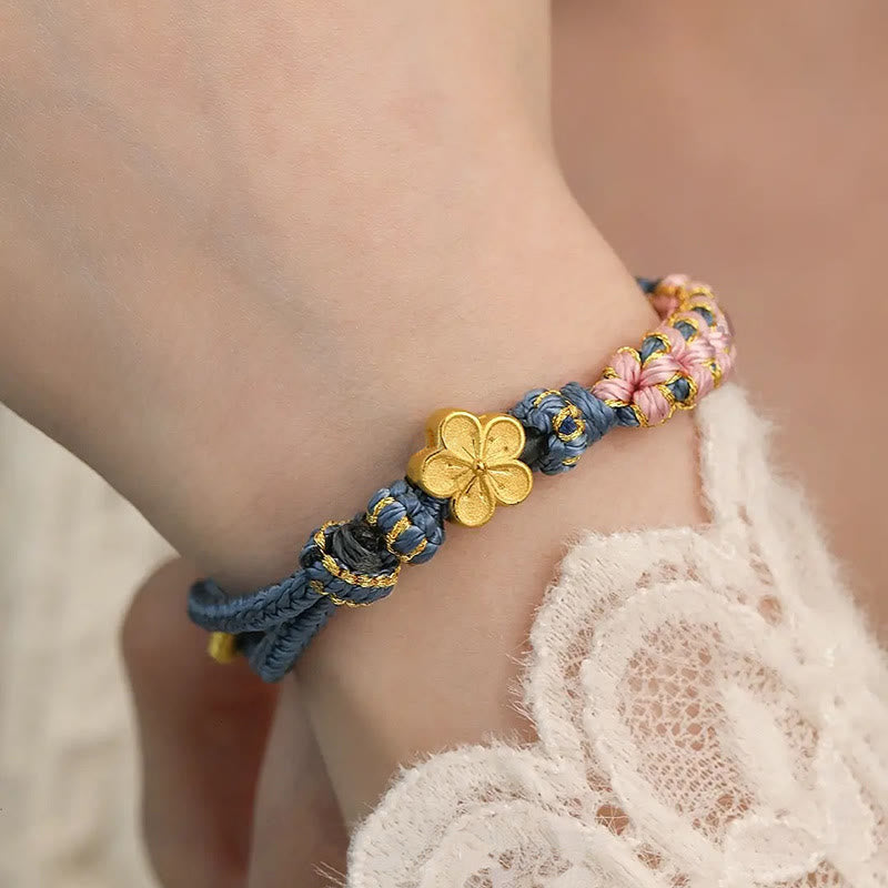 Handcrafted Red String Bracelet with Gold-Toned Copper Peach Blossom Charm