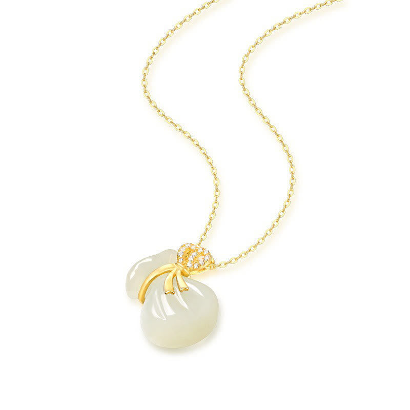 Natural Hetian White Jade Luck Money Bag Necklace Pendant