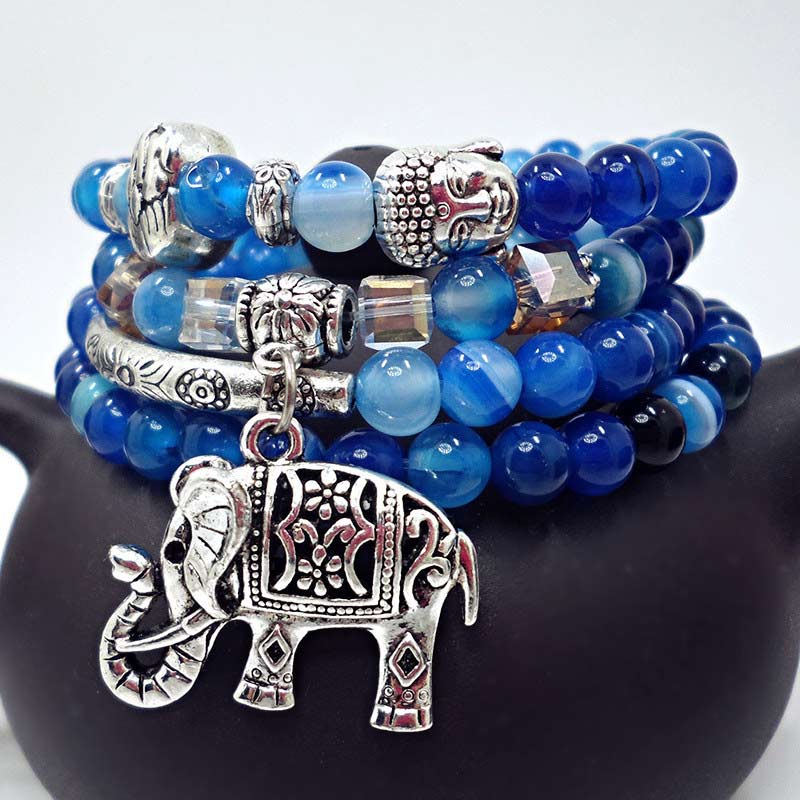 Handmade 999 Silver Plated Natural Agate Elephant & Buddha Charm Bracelet