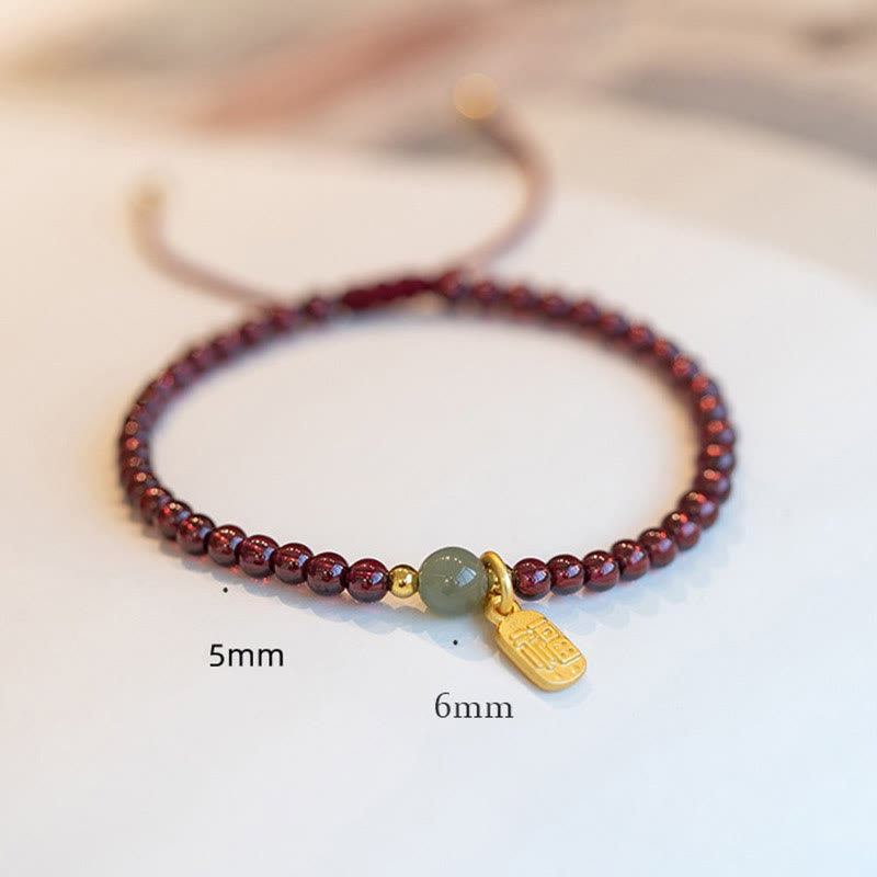 Natural Jade & Strawberry Quartz Garnet Fu Prosperity Character Beaded Bracelet