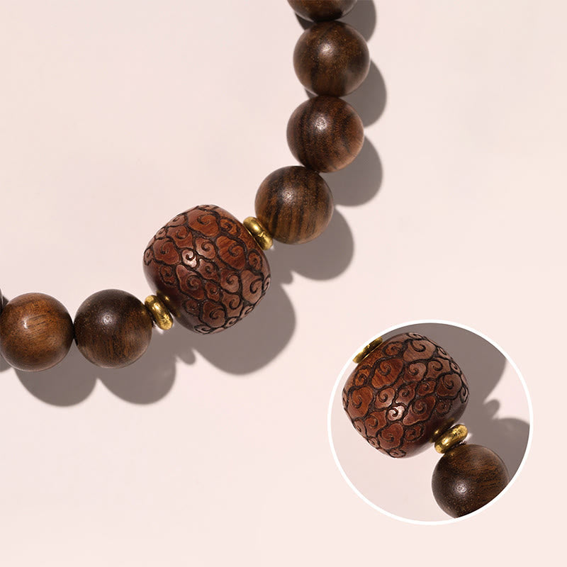 Hand-Carved Rosewood & Jade Turquoise Copper Auspicious Clouds Fu Symbol Bracelet